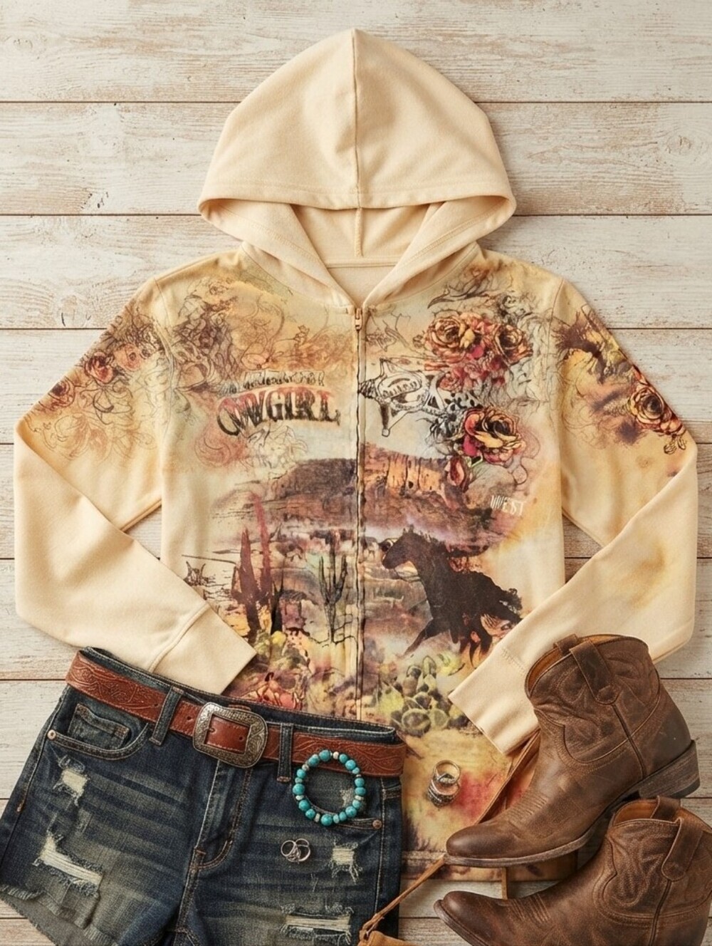 Y2K Cactus Cotton American Cowgirl Western Grunge Zip Up Hoodie
